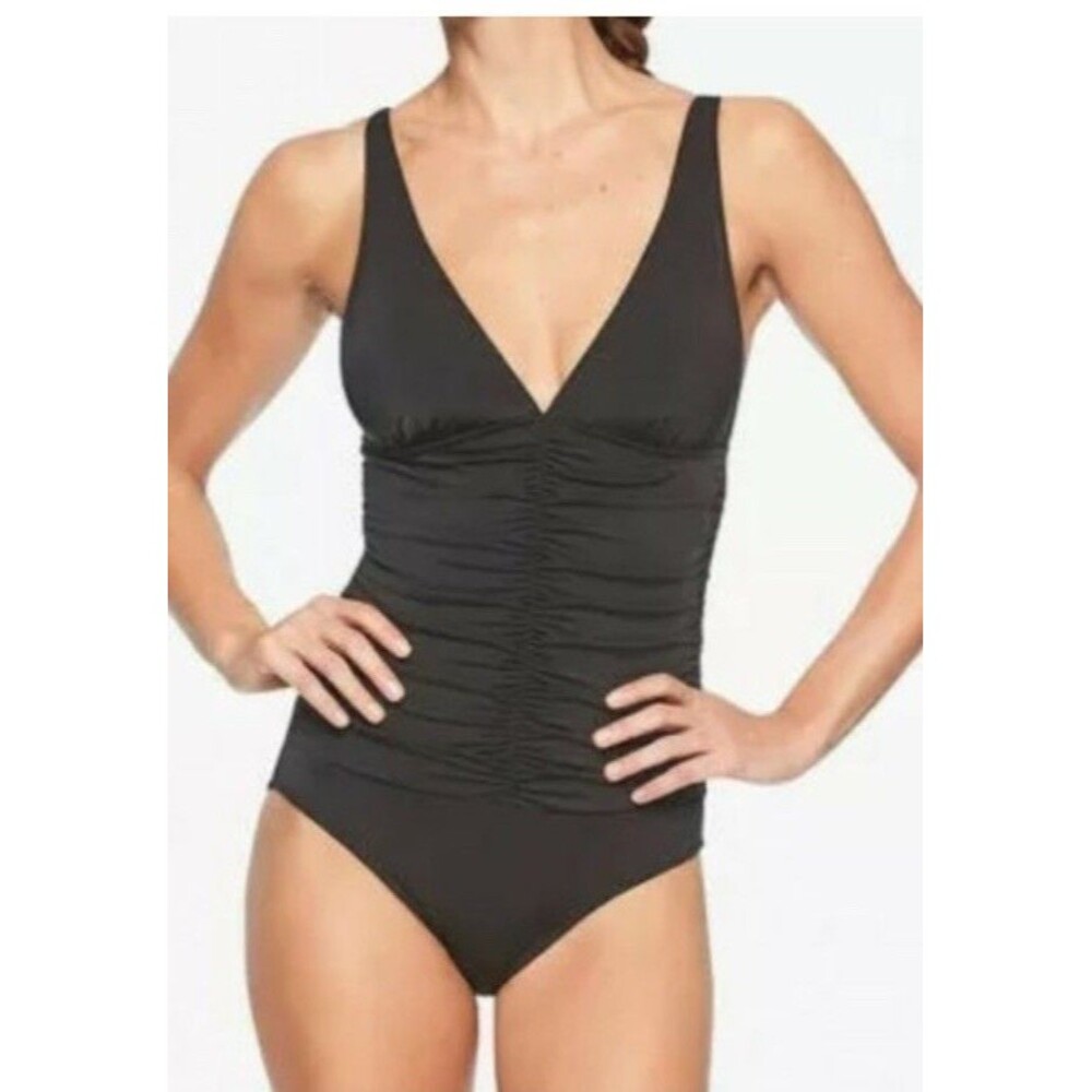 Athleta Women's Aqualuxe Plunge One Piece Swimsuit Size Medium Ruching Slimming
